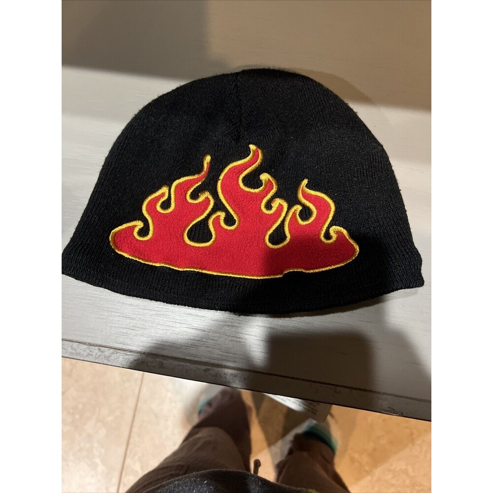 Unbranded Children's Youth Winter Hat Beanie Black Fleece Embroidered Flame Fire